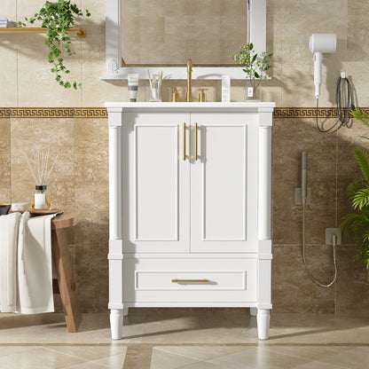 24" Modern Bathroom Vanity with Ornate Motif Design & Soft-Close Hinges, Bathroom Cabinet with Drawer and Back Open Structure, Ornately Carved French Cylinder Legs image 3