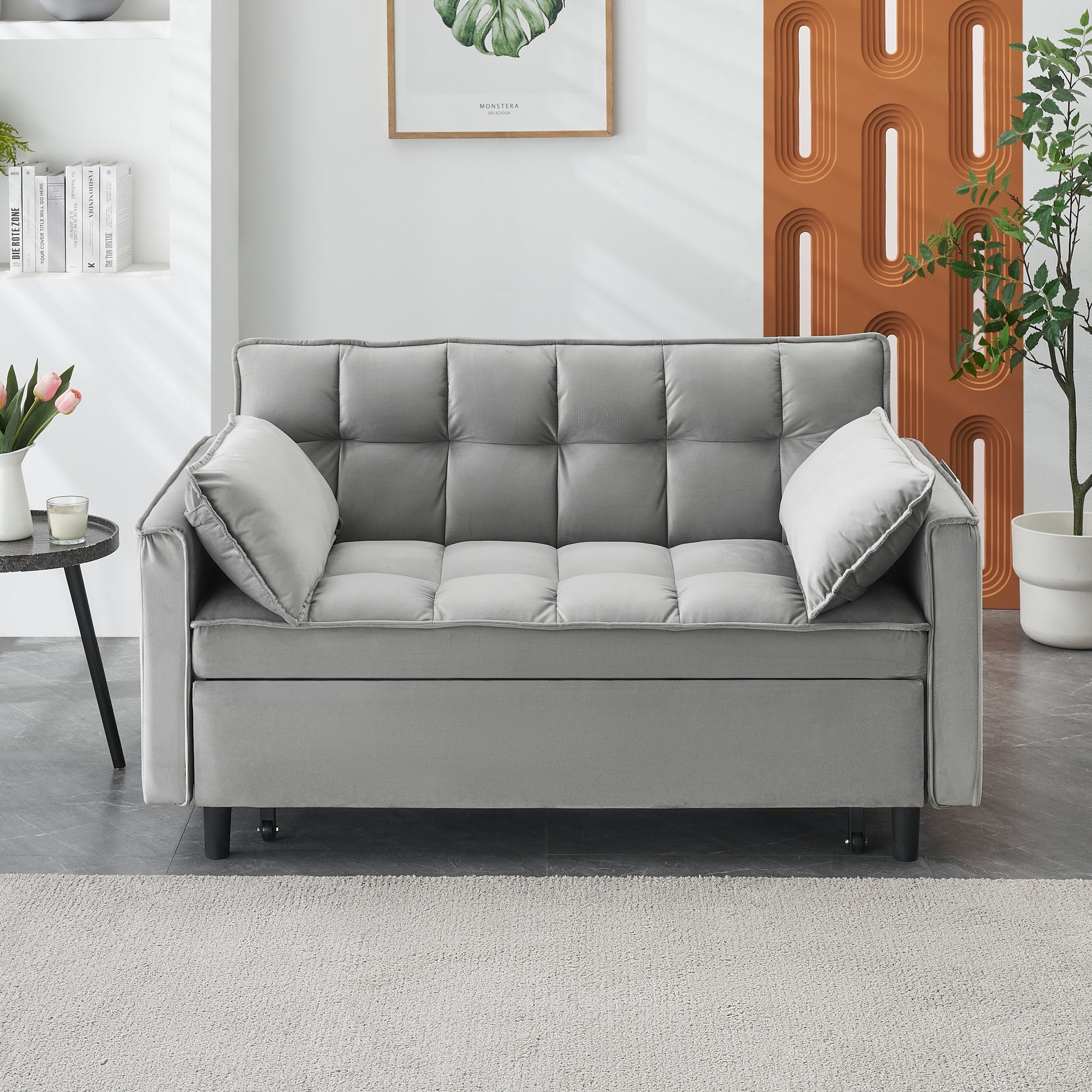 Modern Velvet Loveseat Futon Sofa Couch Pullout Bed, Small Love Seat Lounge Sofa w/Reclining Backrest, Toss Pillows, Pockets, Furniture for Living Room,3 in 1 Convertible Sleeper Sofa Bed, Gra image 3