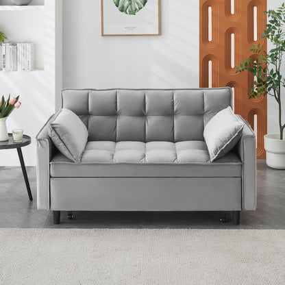 Modern Velvet Loveseat Futon Sofa Couch Pullout Bed, Small Love Seat Lounge Sofa w/Reclining Backrest, Toss Pillows, Pockets, Furniture for Living Room,3 in 1 Convertible Sleeper Sofa Bed, Gra image 3