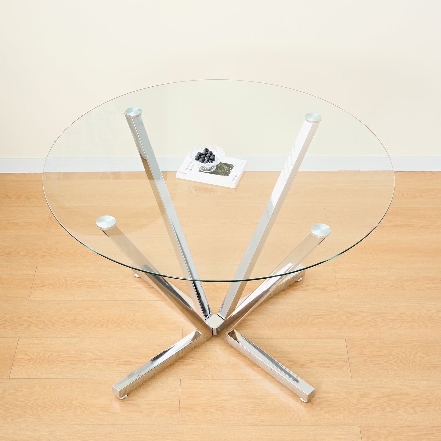 45.27"Round Dining Table,Tempered Glass Kitchen Tabe with Silver Chrome Plated Metal Legs,Modern Dining Room Table for for Kitchen, Living Room, Easy Assembly image 1