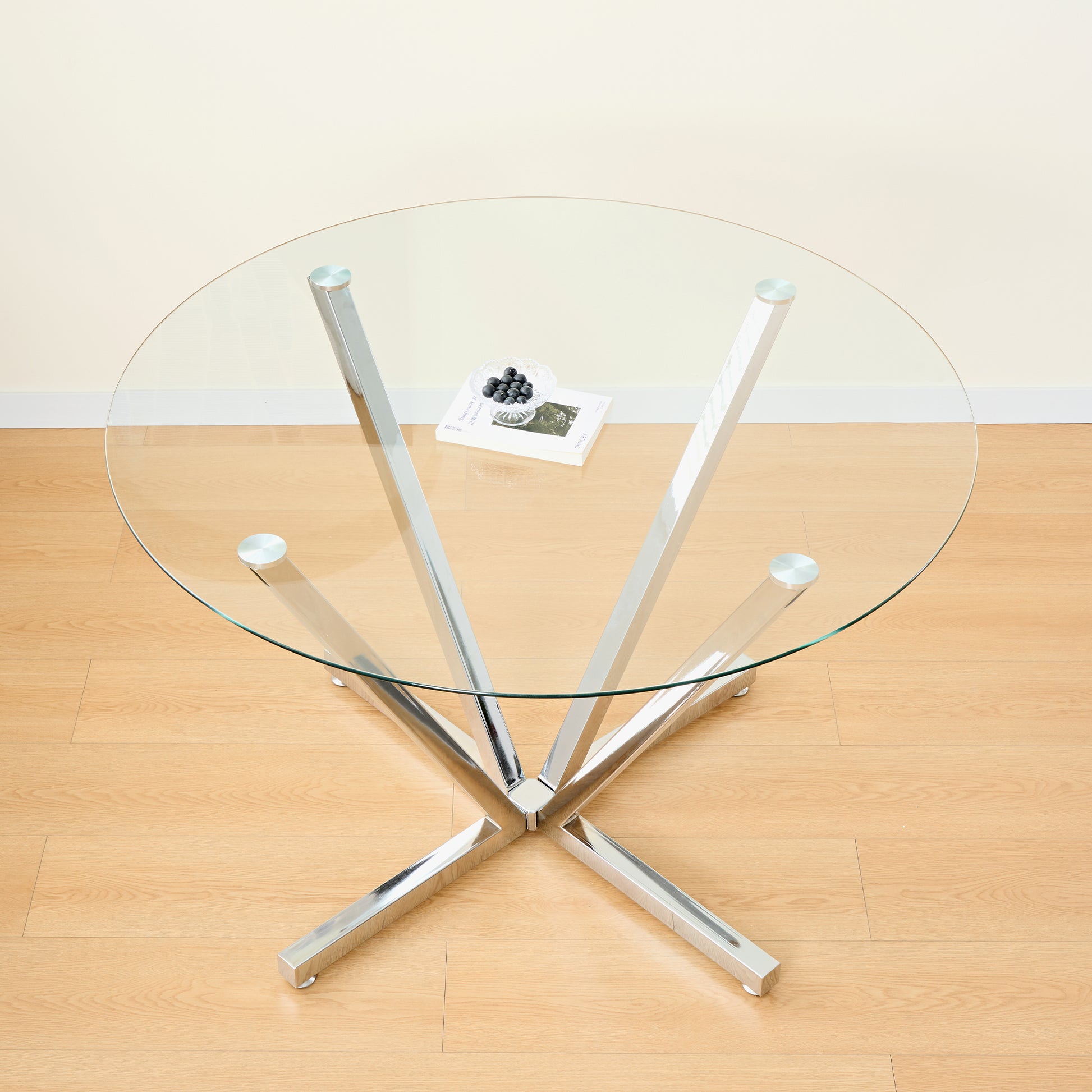 45.27"Round Dining Table,Tempered Glass Kitchen Tabe with Silver Chrome Plated Metal Legs,Modern Dining Room Table for for Kitchen, Living Room, Easy Assembly image 1