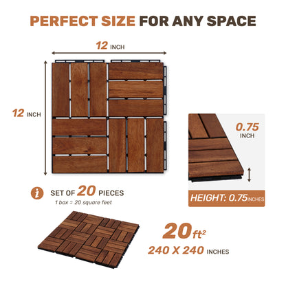 Acacia Wood Interlocking Deck Tiles Checker Pattern, 20 PCS 12" x 12" Square Acacia Hardwood Outdoor Flooring for Patio, Bancony, Pool Side,.. image 2