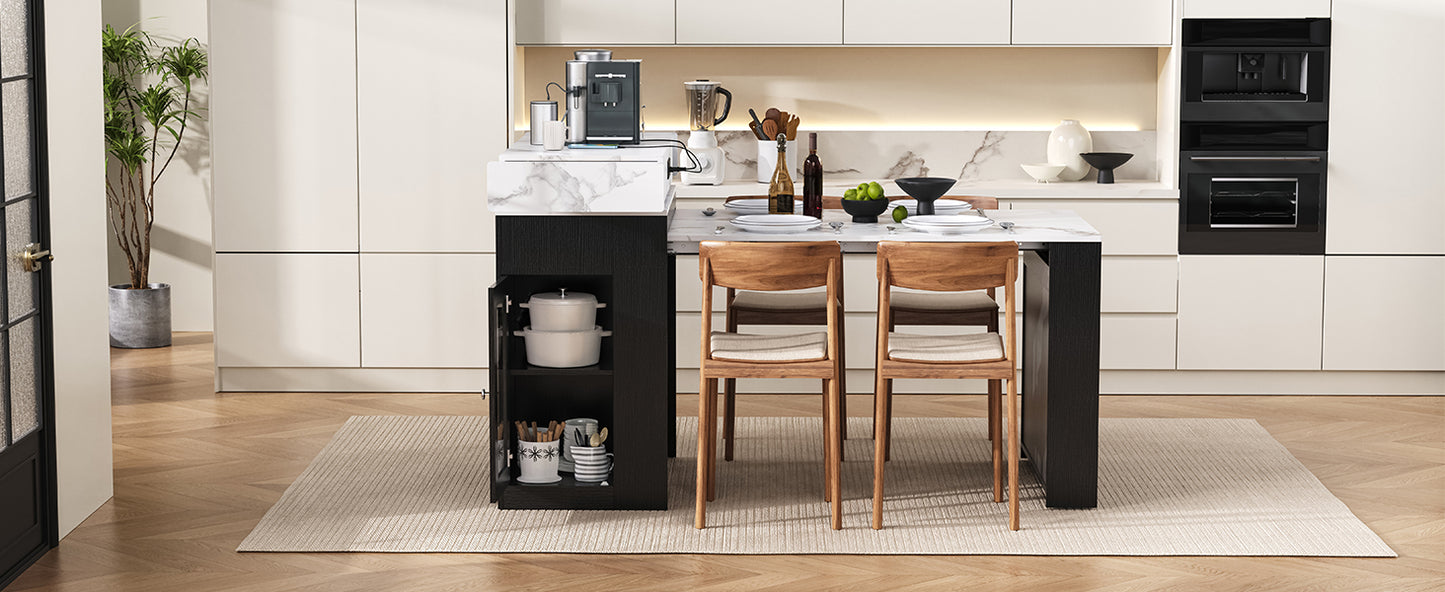 [VIDEO] TREXM Extendable Dining Table with Folding Tabletop, Bar Table with Drawers and Power Outlet, Kitchen Island with Wheels and Hooks, Sideboard for Kitchen and Dining Room (Black+Marble White) image 9