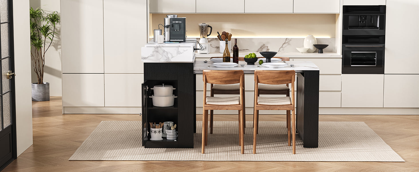[VIDEO] TREXM Extendable Dining Table with Folding Tabletop, Bar Table with Drawers and Power Outlet, Kitchen Island with Wheels and Hooks, Sideboard for Kitchen and Dining Room (Black+Marble White) image 9
