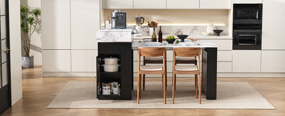 [VIDEO] TREXM Extendable Dining Table with Folding Tabletop, Bar Table with Drawers and Power Outlet, Kitchen Island with Wheels and Hooks, Sideboard for Kitchen and Dining Room (Black+Marble White) image 9