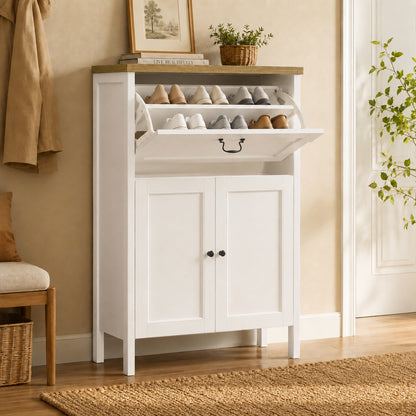 Shoe Cabinet with Flip Drawer, Boot Rack and 6 Boot Clips, Narrow Entryway Shoe Cabinet with Adjustable Shelf, Freestanding Shoe Organizer Cabinet for Entryway, Foyer, 31.5"W x 15.7"D x 45.3"H-White image 1