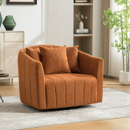 39"W Upholstered Oversized 360° Swivel Accent Barrel Chair and Half Cozy Sofa with 3 Pillows, Chenille Channel Tufted Pumpkin-Shape Club Armchair for Living Room, Bedroom, Office, Lounge,Orange image 1