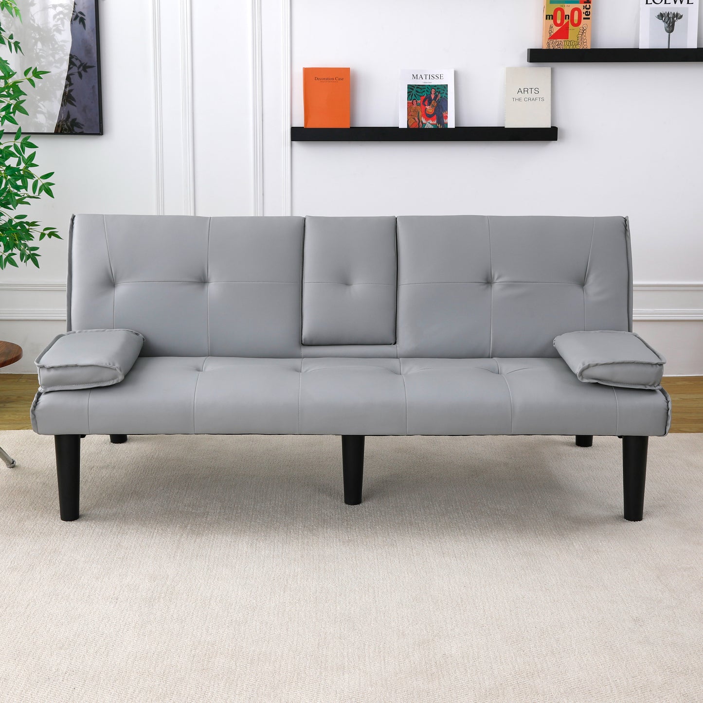 The 67-inch light gray PVC multi-functional sofa bed, with a foldable and cup holder design, makes it extremely convenient to turn the living room into a guest room image 4