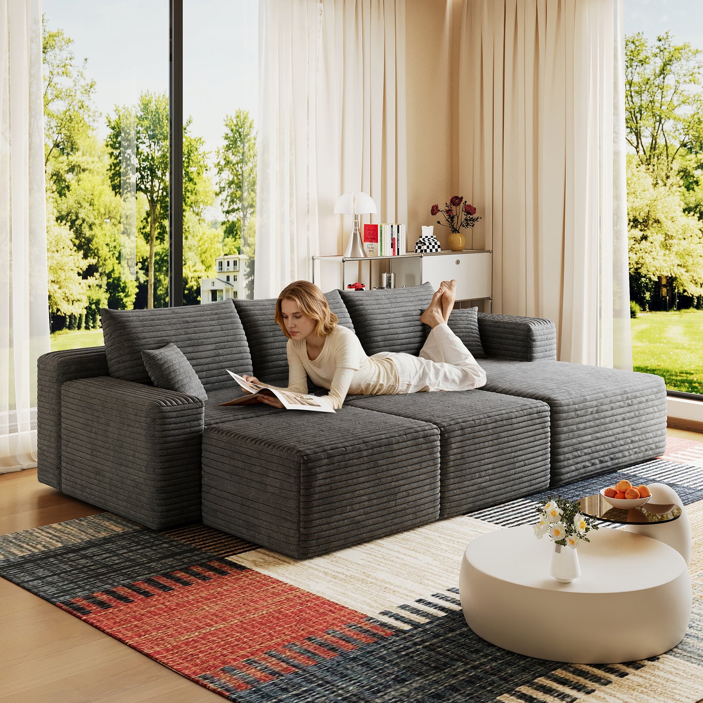 95" Cloud Sectional Sofa with 2 Ottoman,Modern Minimalist Upholstered Couches, Comfort U Shaped Sofa for Living Room,Deep Seat Corner Couch,No Assembly Required,Dark Grey(Plush Corduroy Fabric) image 1