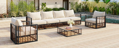 TOPMAX Modern Minimalist 7-Piece Metal Patio Sectional Sofa Set, All-Weather Garden Conversational Furniture Set with Thick Cushions and Coffee Table for Indoor Outdoor, Dark Grey image 5