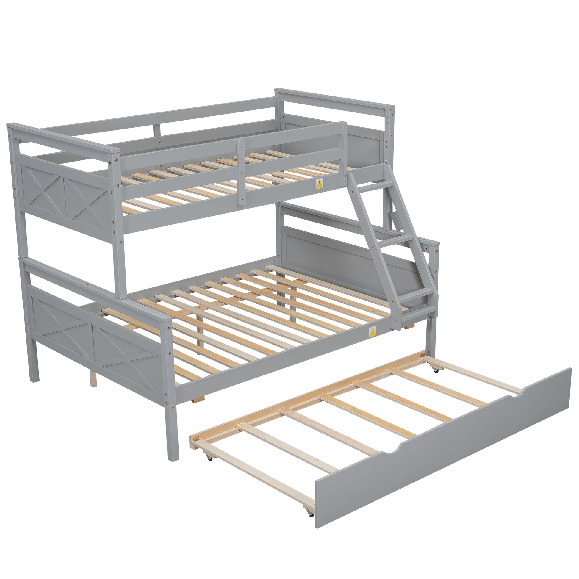 Twin over Full Bunk Bed with Ladder, Twin Size Trundle, Safety Guardrail, Gray image 12