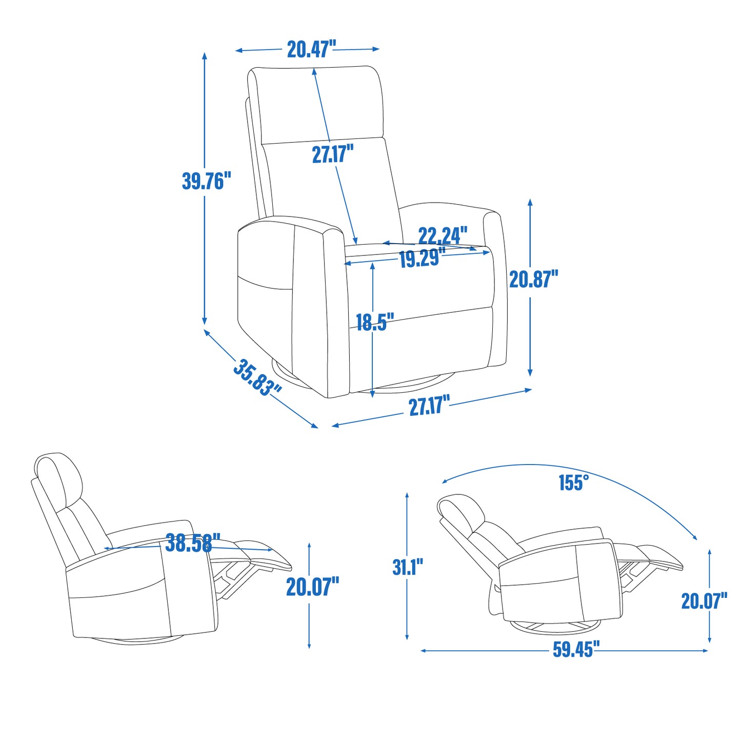 Heat Massage Manual Recliner Chair with Rocker and Swivel in Fabric for Living Room, Grey image 3