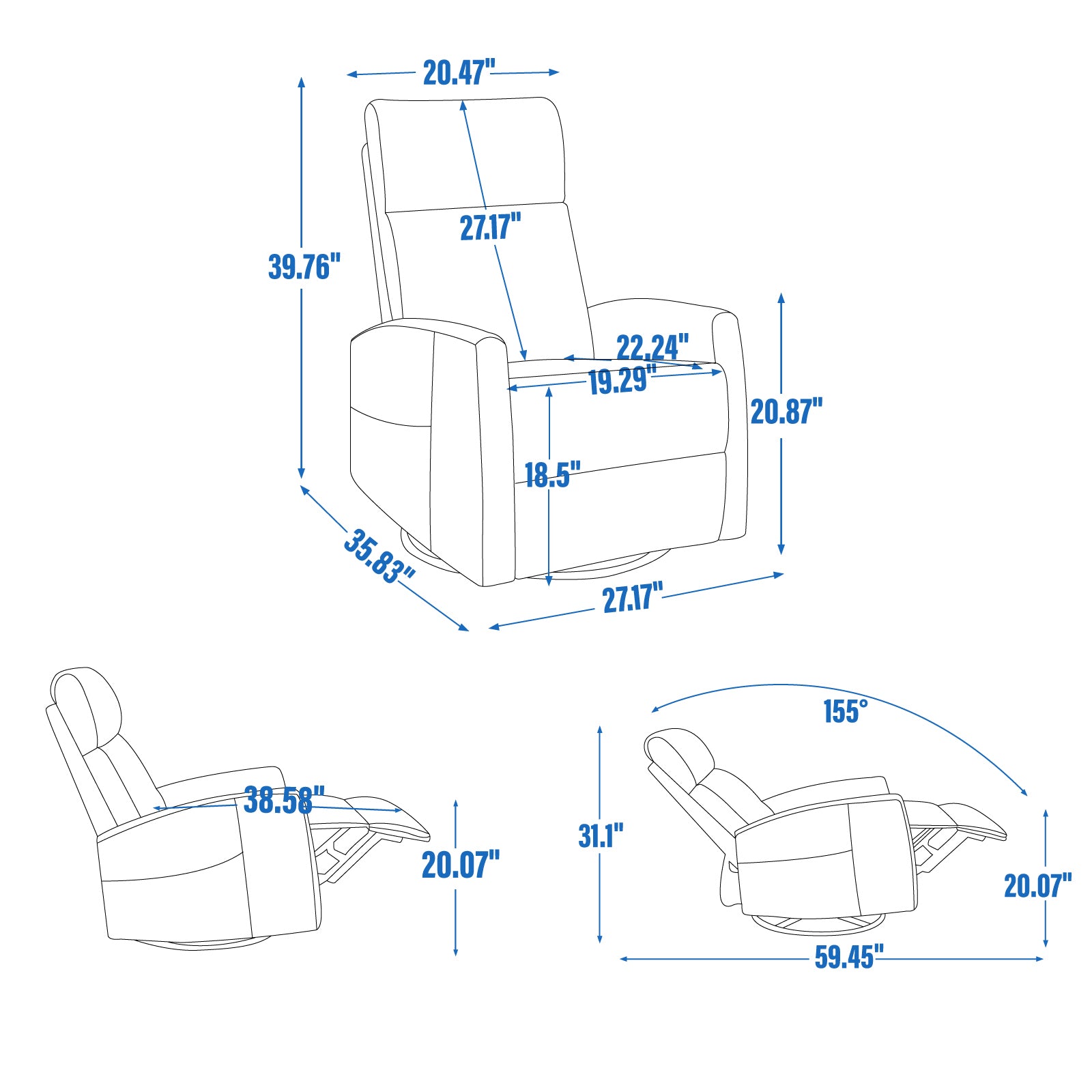 Heat Massage Manual Recliner Chair with Rocker and Swivel in Fabric for Living Room, Grey image 3