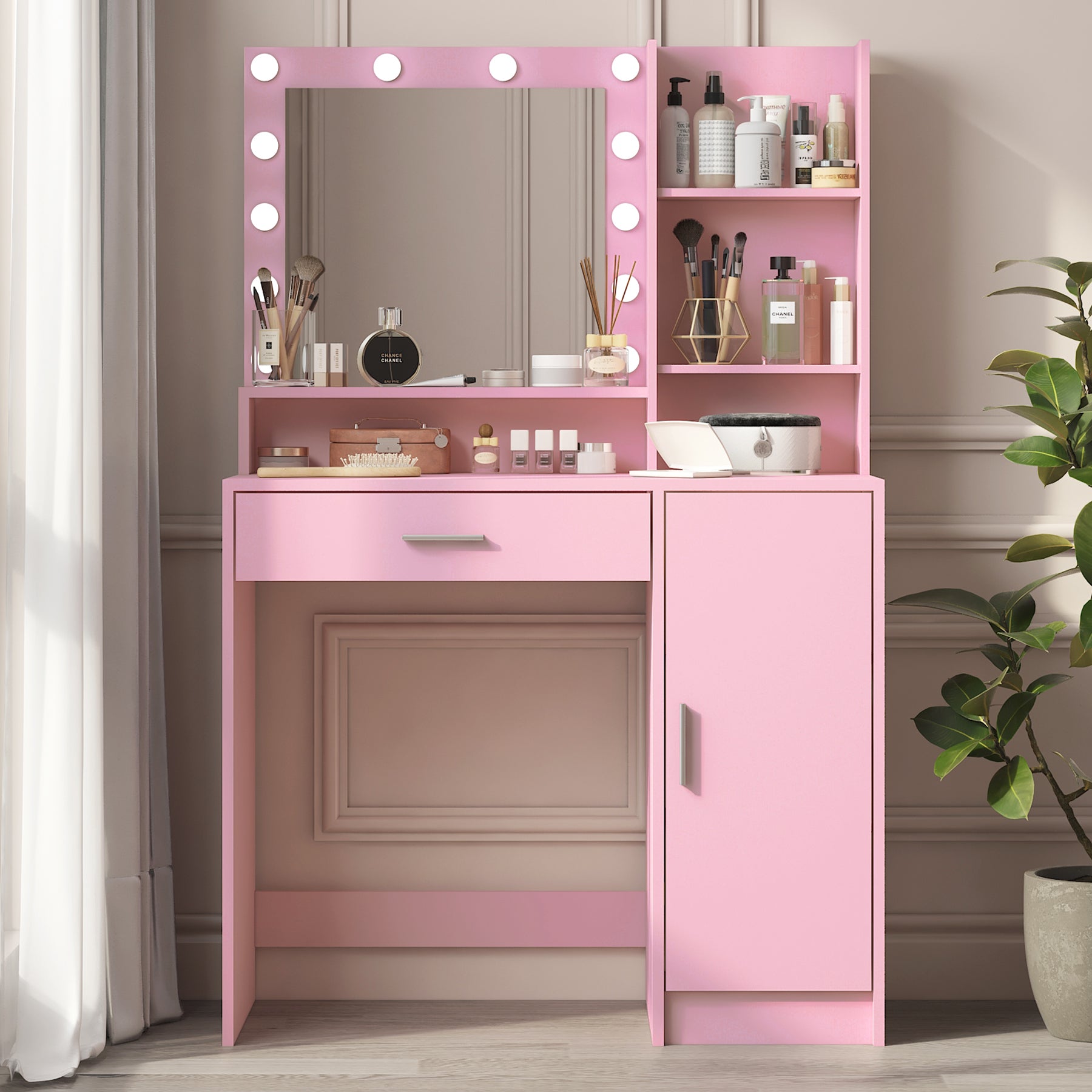 Vanity Desk with Mirror & Light, Large Drawer Three Level Storage Dresser, 3 Lighting Modes Adjustable Brightness, Bedroom Dressing Table(Pink) image 1