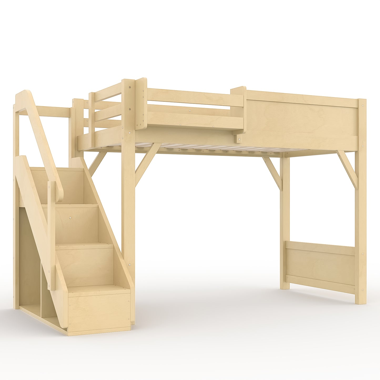 Twin Size Loft Bed with Built-in Wardrobe and Storage Space, Solid Wood Loft Bed with Beside Shelves, Full-length Guardrails and Stairs, No Box Spring Needed, Natural image 6