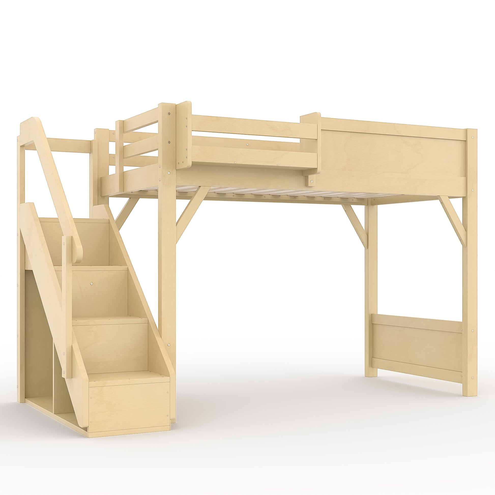 Twin Size Loft Bed with Built-in Wardrobe and Storage Space, Solid Wood Loft Bed with Beside Shelves, Full-length Guardrails and Stairs, No Box Spring Needed, Natural image 6