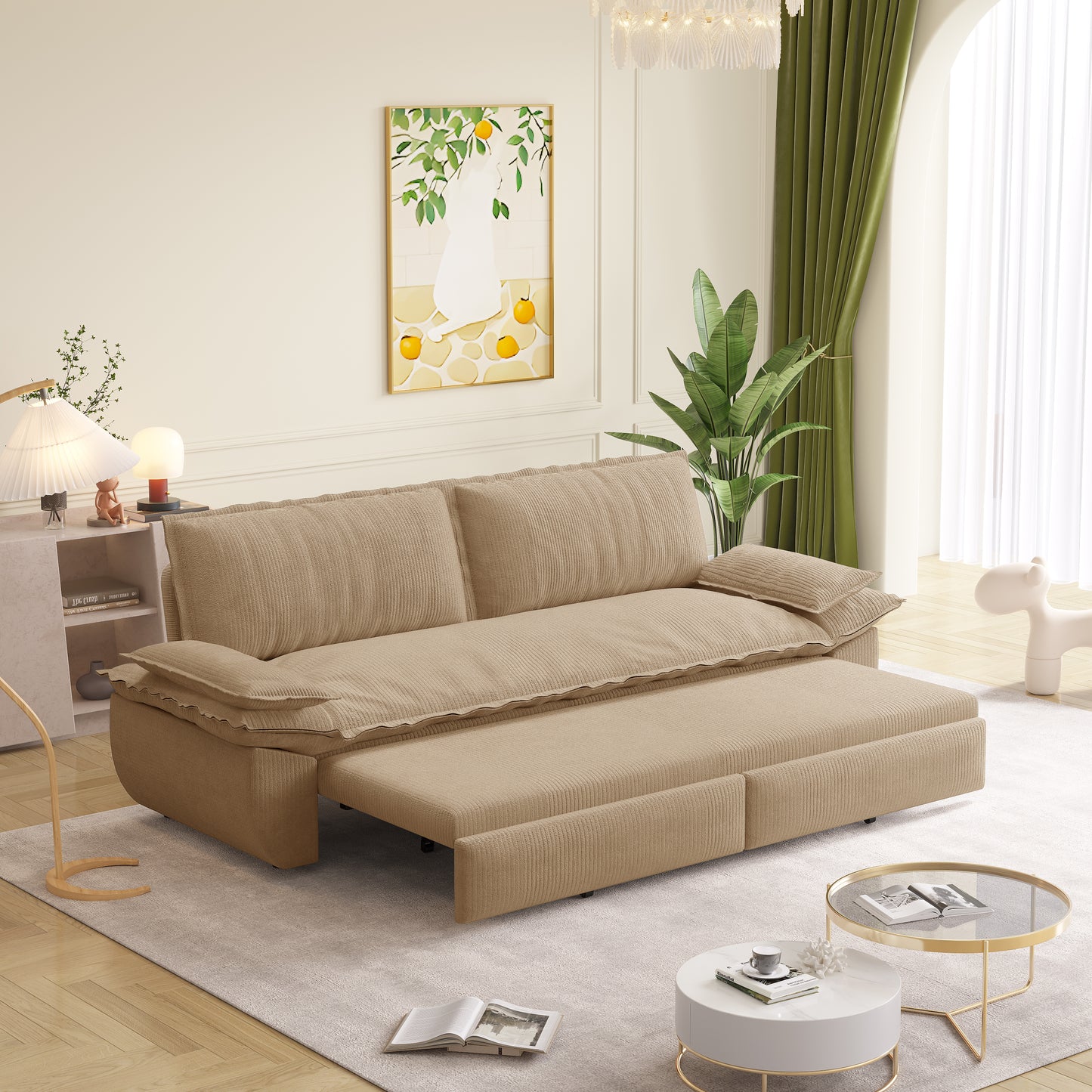 73.2" Queen Pull Out Sofa Bed,3-in-1 Convertible Sleeper Sofa,Multi-Functional Corduroy Loveseat Bed,Camel(Old sku:W1885S00234) image 6