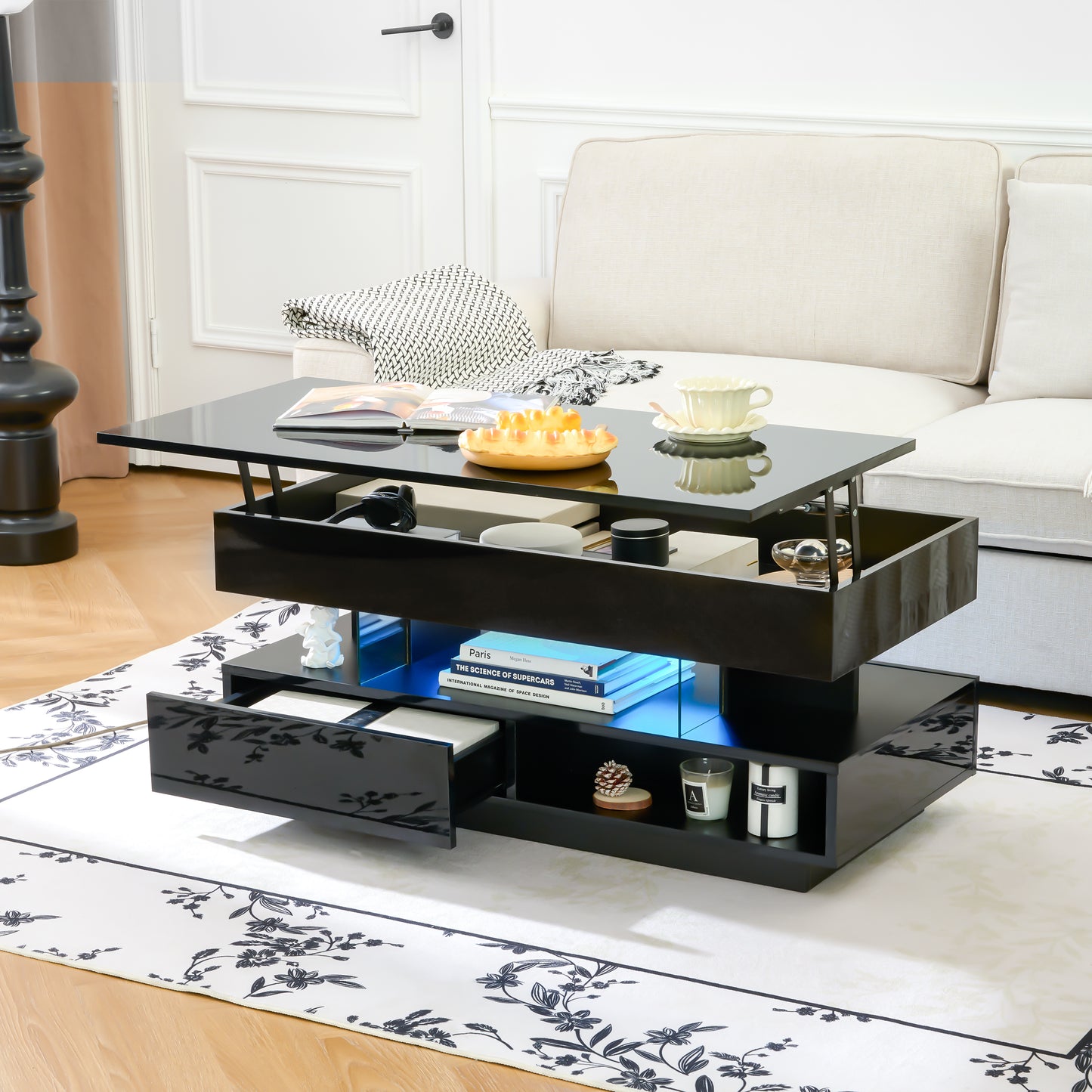 39.3" Lift Top Coffee Table with Hidden Compartment, 2 Storage Drawers and Ajustable LED Lights,Modern Multifunction Coffee Tables for Living Room, Bedroom,Office(Black) image 1