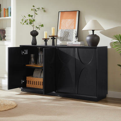4 Door Accent Cabinet with Solid Wood Carved Doors, Adjustable Shelves, Push to Open Storage Cabinet with Cable Management, Ash Veneer Sideboard for Living Room, image 6
