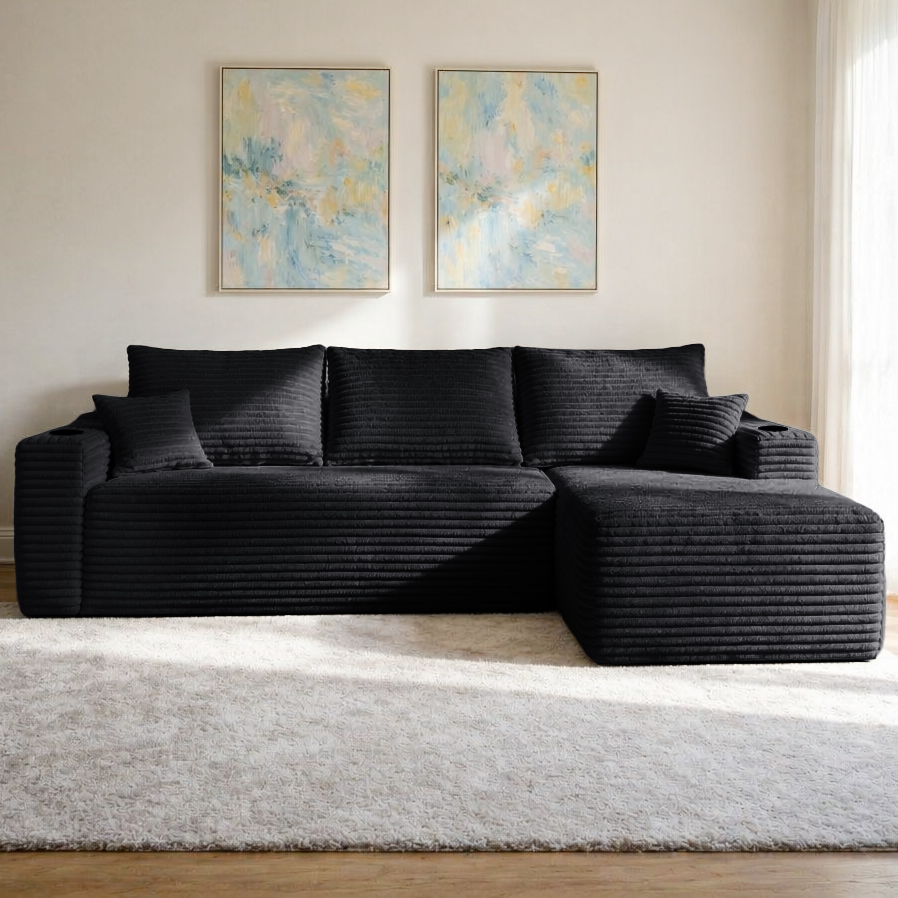 108" Cloud Sectional Sofa with L-Shape Chaise and Side Pockets, Modern Modular Design, Deep Seating, Upholstered Couch for Living Room/Bedroom, No Assembly Required (Plush Fabric), Black, Right image 2