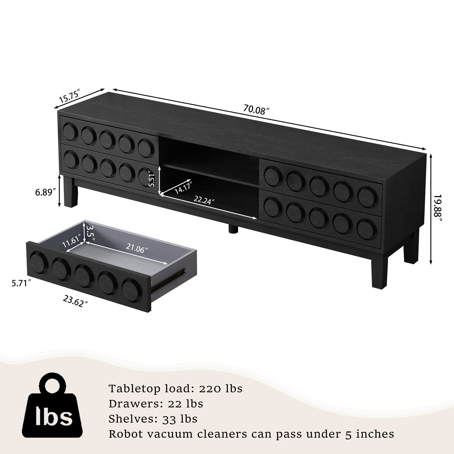 Modern Mid-Century Media Console with 4 Drawers and Cable Management, TV Console Table for TVs up to 75",Entertainment Center for Living Room and Office(Black) image 10
