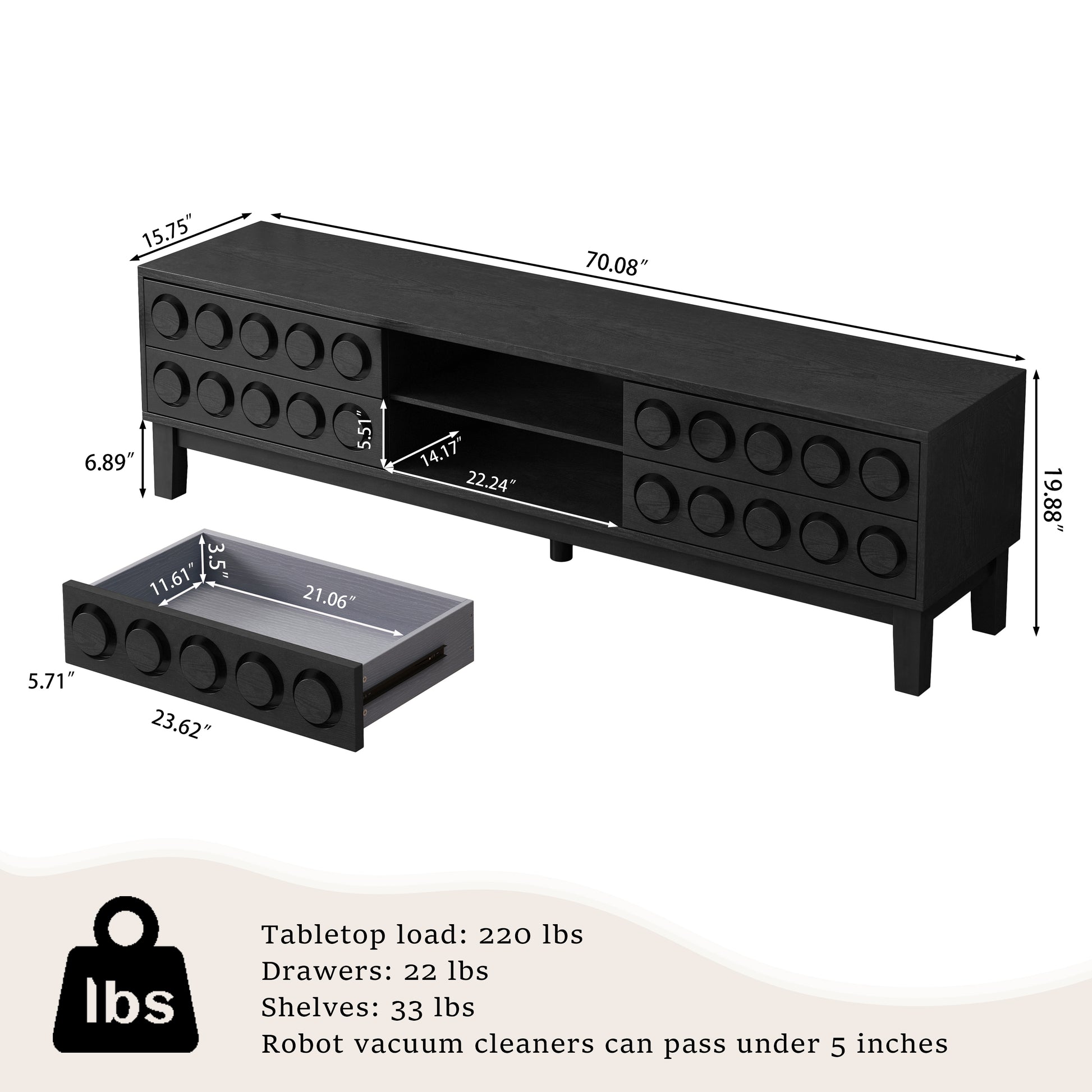 Modern Mid-Century Media Console with 4 Drawers and Cable Management, TV Console Table for TVs up to 75",Entertainment Center for Living Room and Office(Black) image 10