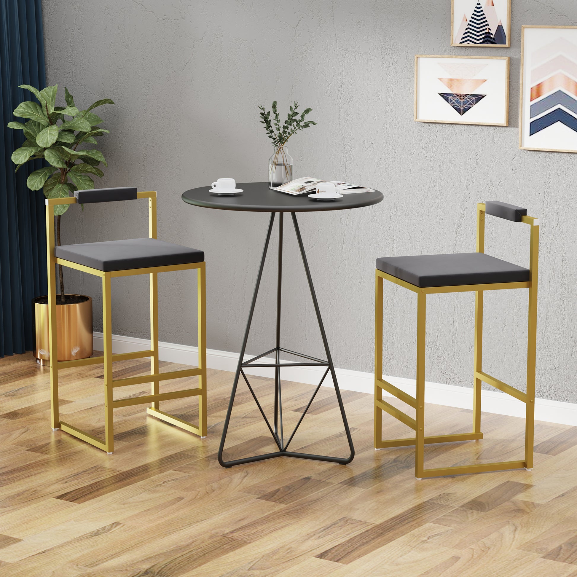 Set of 2 Bar Stools with Backrest & Footrest Counter Height Velvet Upholstered Dining Chairs for Kitchen Island (Gold & Gray) image 1