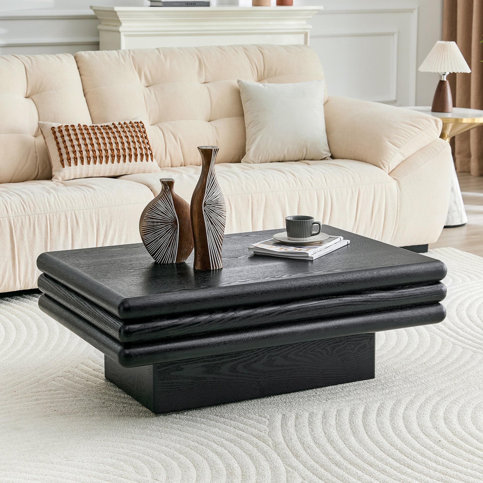 Modern 3-Tier Stacked Rectangular Coffee Table, MDF with Wood Veneer,Black Accent Center Table for Living Room image 4