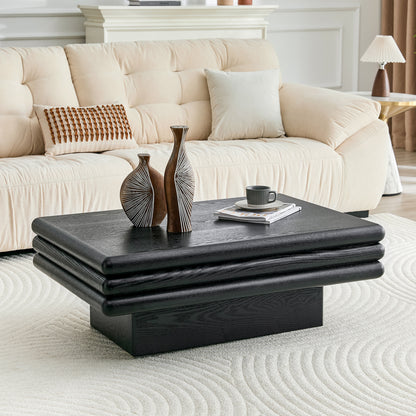 Modern 3-Tier Stacked Rectangular Coffee Table, MDF with Wood Veneer,Black Accent Center Table for Living Room image 4
