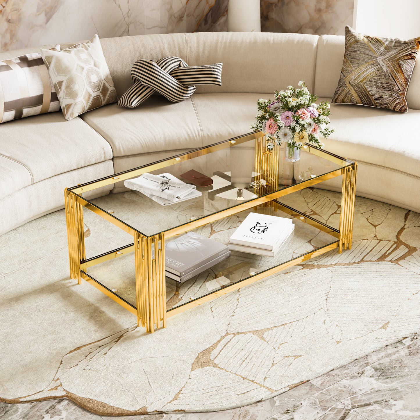 Modern Transparent Glass Coffee Table,Rectangle, Asymmetrical Metal, Gold Finish & Lower Shelf, 47.5" image 5