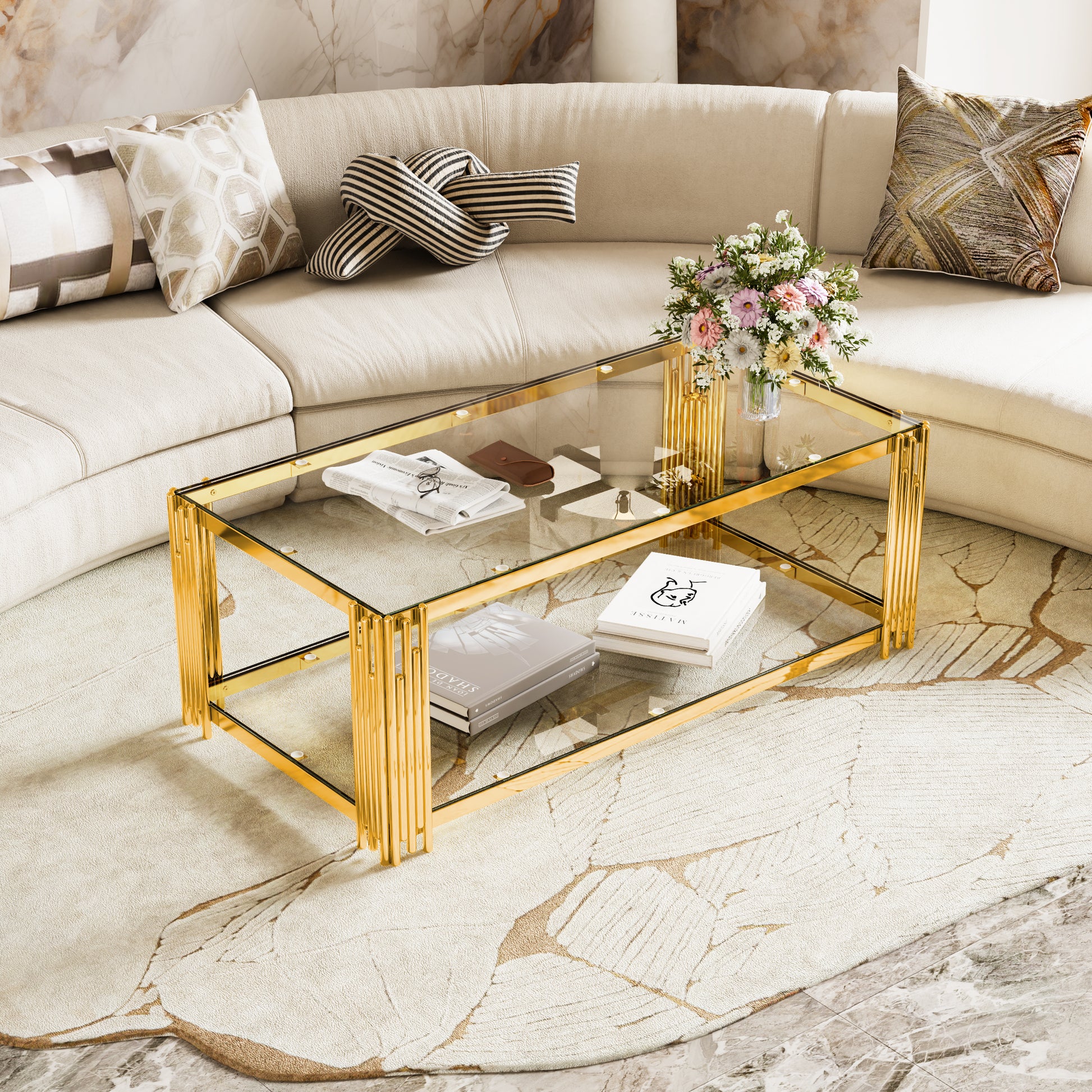 Modern Transparent Glass Coffee Table,Rectangle, Asymmetrical Metal, Gold Finish & Lower Shelf, 47.5" image 5
