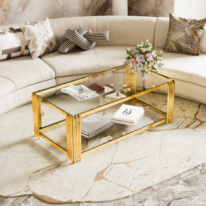 Modern Transparent Glass Coffee Table,Rectangle, Asymmetrical Metal, Gold Finish & Lower Shelf, 47.5" image 5