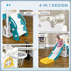 Qaba 5 in 1 Toddler Slide, Indoor Kids Slide Playset for 1-3 Years Olds with Basketball Hoop, Climber, Telescope & Storage Basket, Yellow