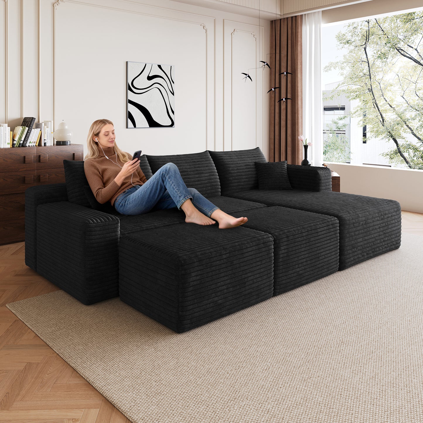 95 inch cloud sectional sofa with two ottomans black corduroy front view
