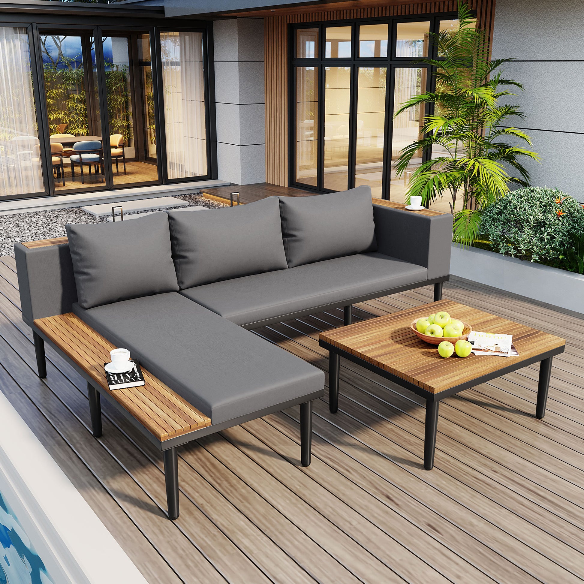 <Old SKU: N704G201251E> Luxury Patio Furniture Set with Removable Cushions and Coffee Table, L-Shaped Acacia Wood Sofa with Side table, Outdoor Conversation Sectional Sofa for Backyard, Porch, Gray image 2