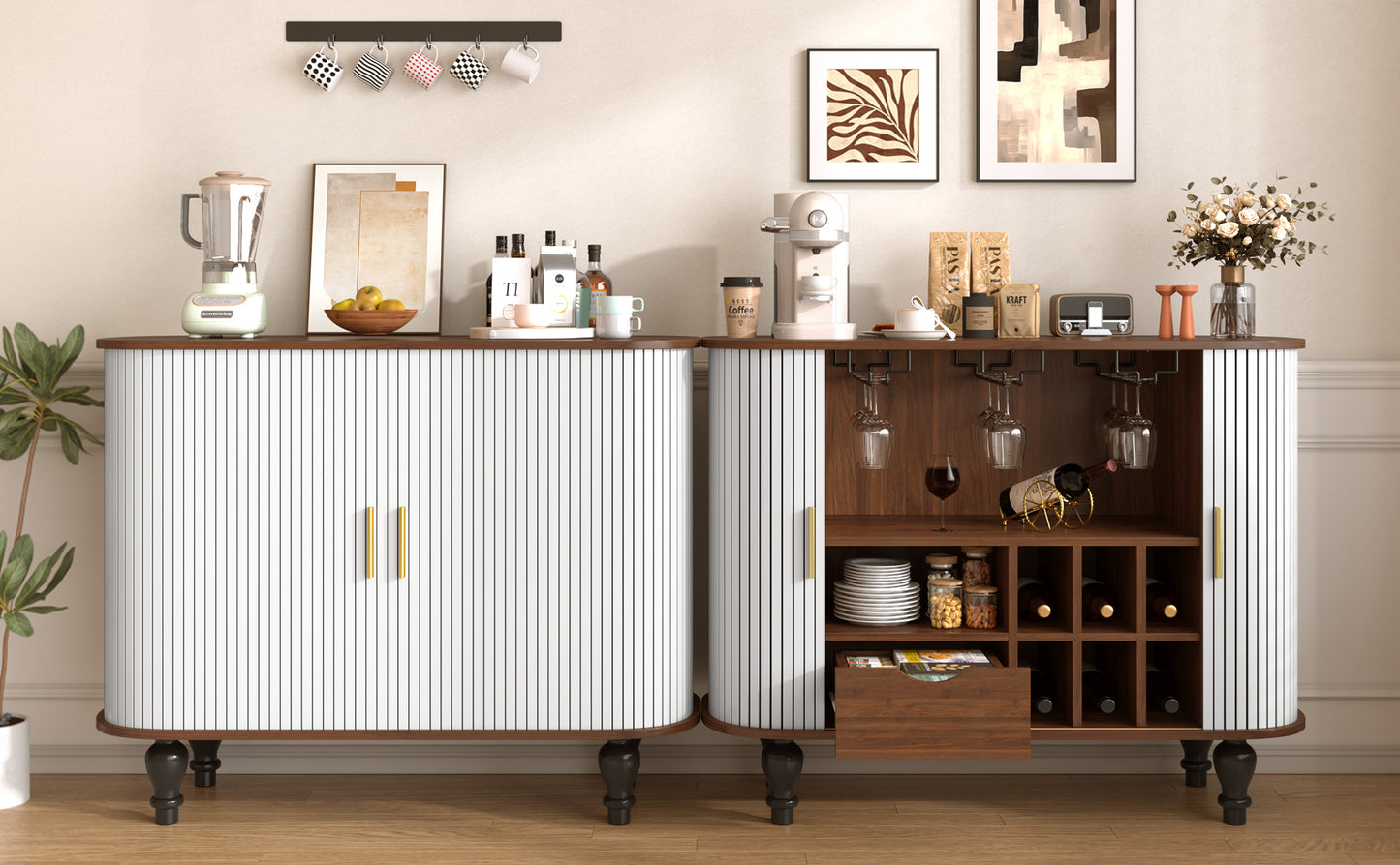39" Fluted Liquor & Coffee Bar Cabinet with 6 Wine Racks and 3 Glass Holders, Mid-Century Modern Bar Cabinet with A Large Storage Drawer,4 Hidden Storage Space on the Side, White image 6