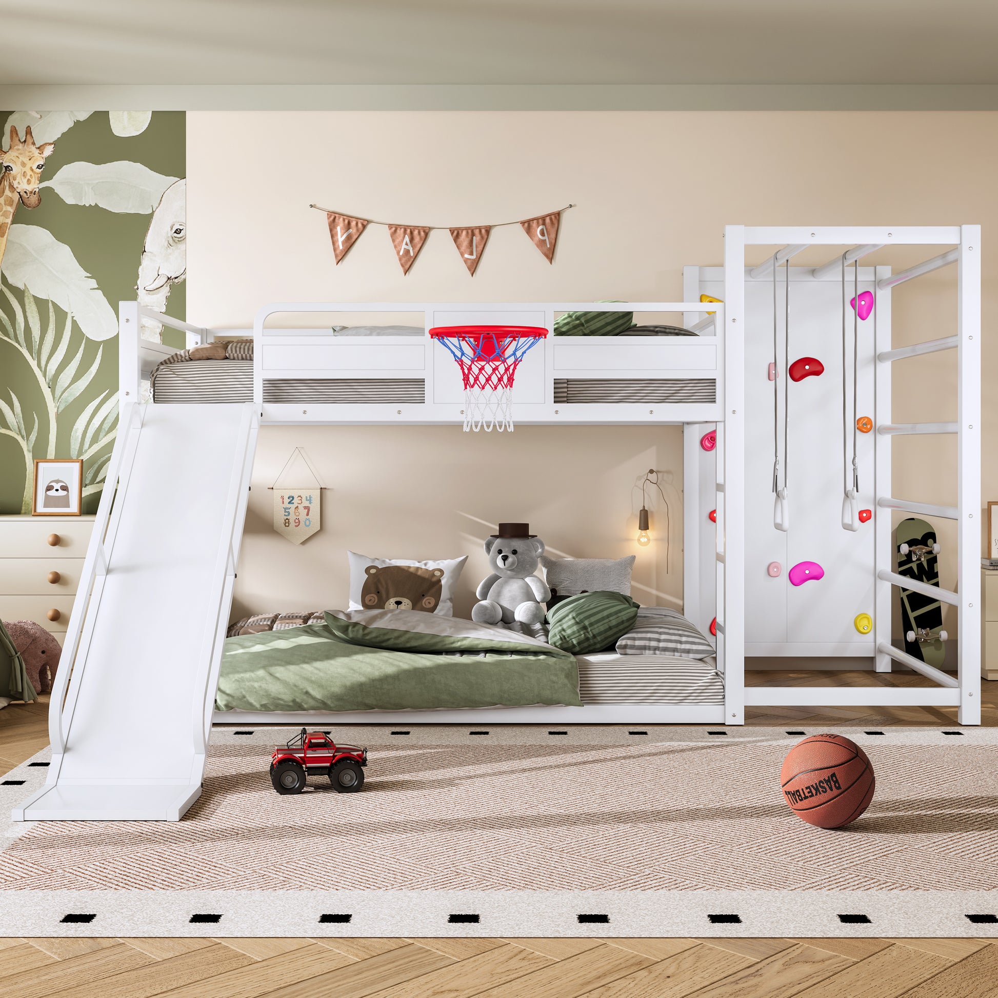 Full size metal loft bed with basketball hoop, pull-up rings, climbing wall, and built-in bookshelves. Playful children's design featuring a slide,White image 1