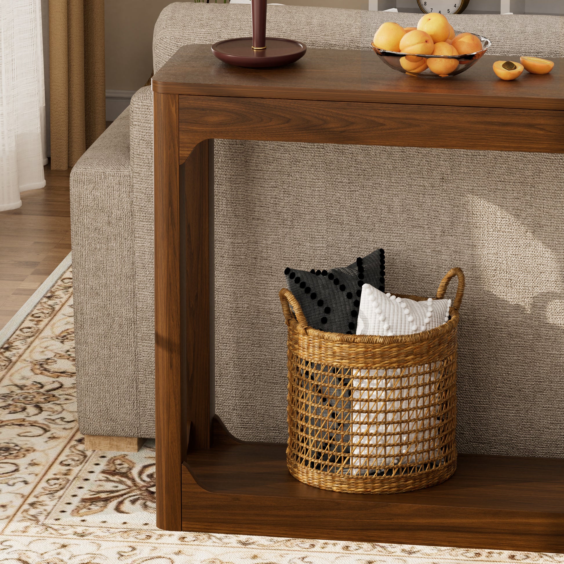 55.1-inch curved-leg storage table, ideal for entryways, slim wooden side table that can be placed behind a sofa, perfect for entryways, hallways, and doorways. Walnut,55.1"L*11.8"W*31.1"H image 10