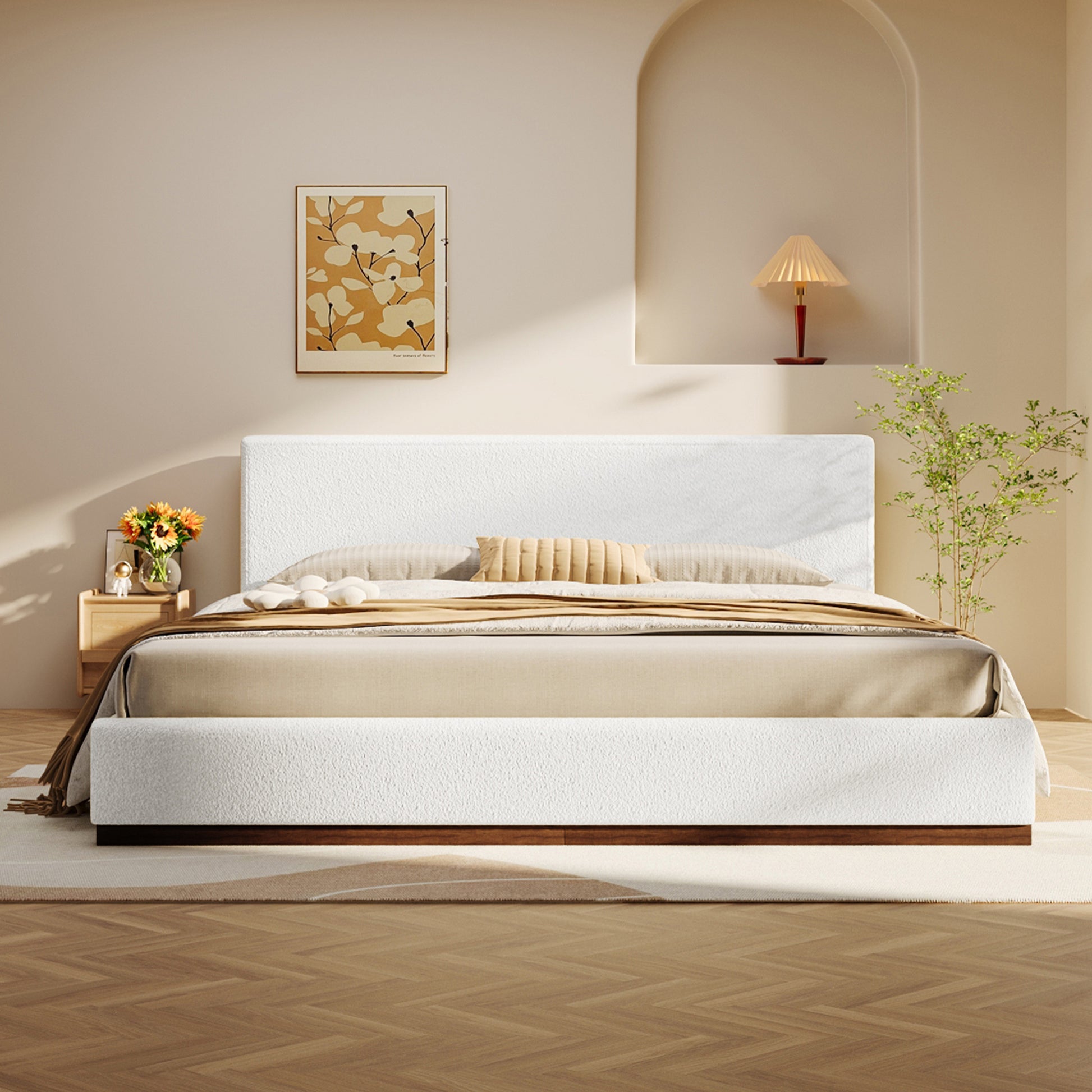 Elegant White Fabric Upholstered Bed With Nice Wood Grain Textured Brown Solid Wood Base Frame,White,King image 1