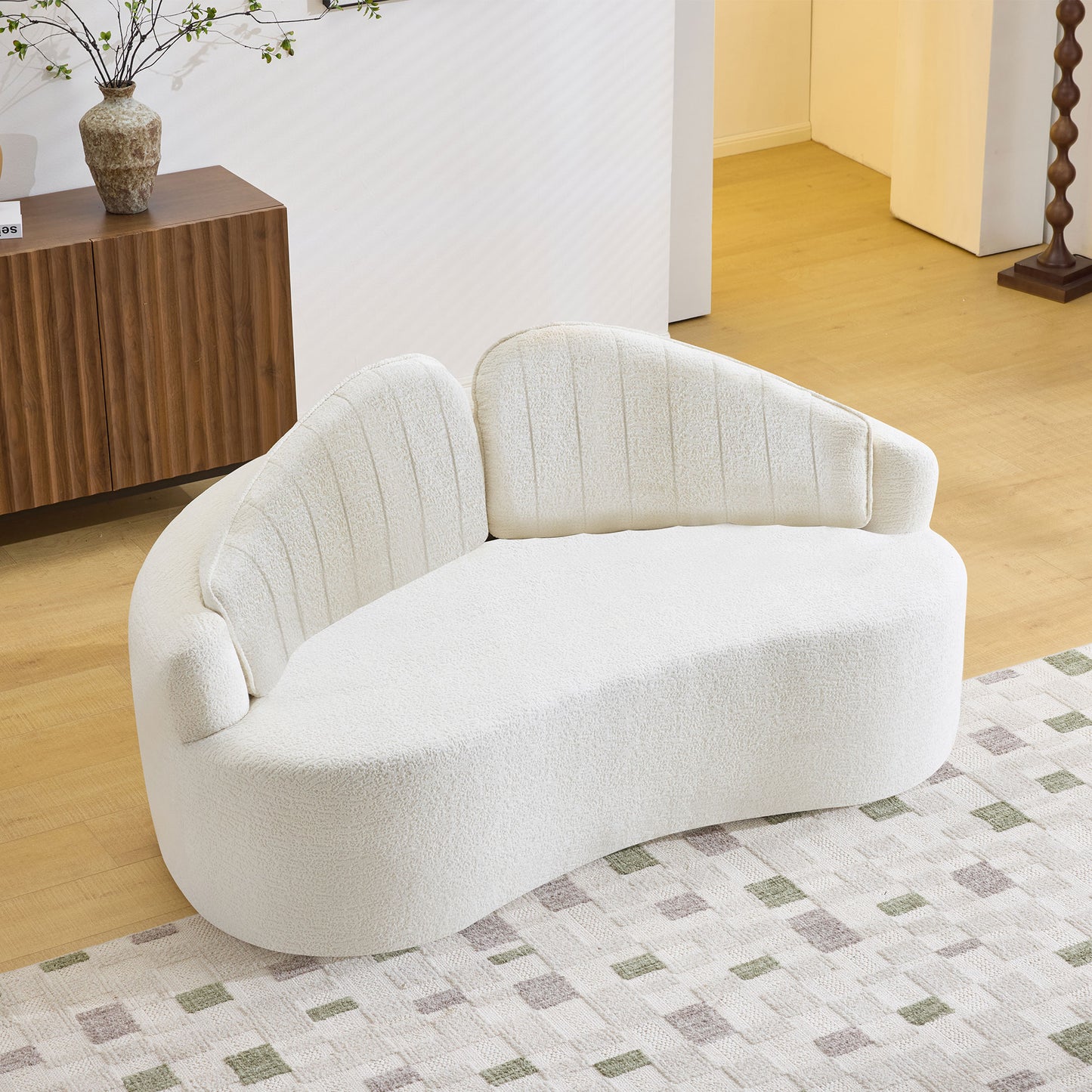 Curved two-seater fully compressed sofa, long-term sitting without collapse, removable backrest, white chenille fabric, simple, retro style, suitable for small spaces and apartments image 2