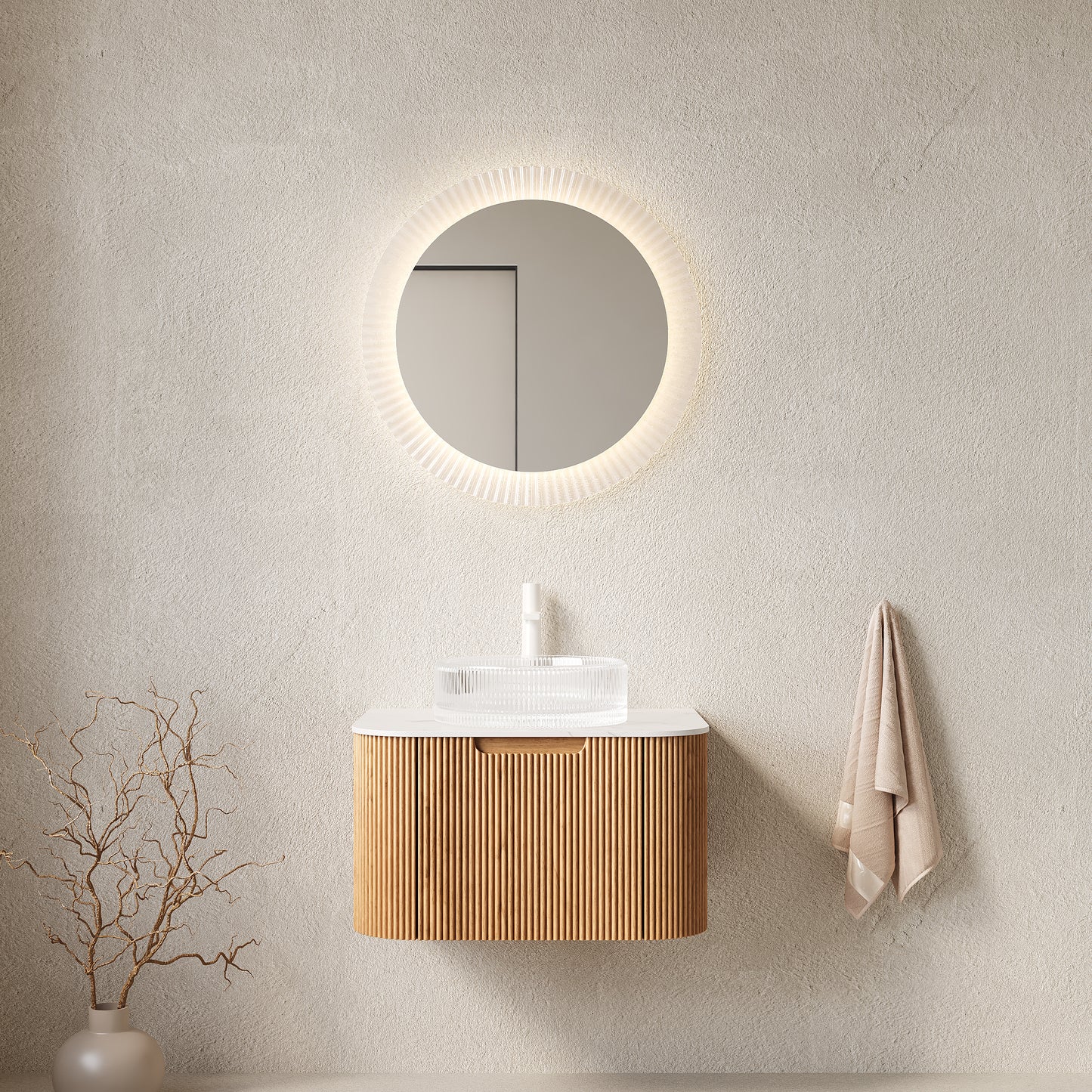 DINA 24" Bathroom Vanity with Sink, Wall-Mounted Floating Curved Edges Striped Storage Cabinet with Drawer, Transparent Round Glass Basin and Countertop, Pre-assembled, Natural Woodgrain Color image 1