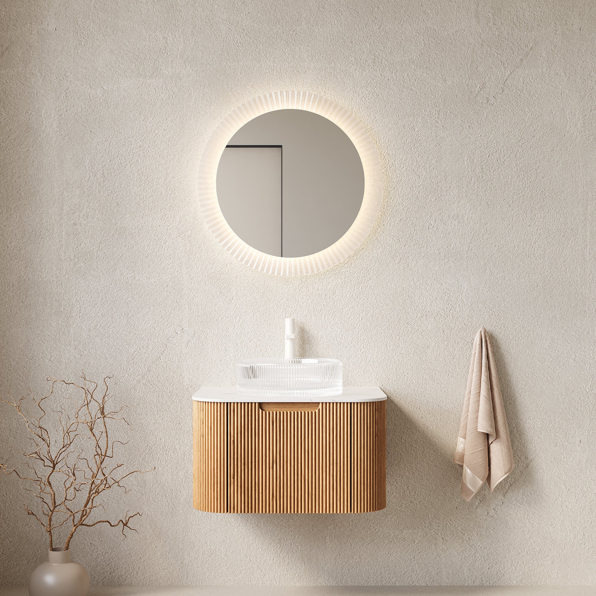 DINA 24" Bathroom Vanity with Sink, Wall-Mounted Floating Curved Edges Striped Storage Cabinet with Drawer, Transparent Round Glass Basin and Countertop, Pre-assembled, Natural Woodgrain Color image 1