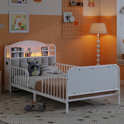Twin Size Metal Platform Bed Frame with Light, Kids Twin Metal Bed with Upholstered and Pull Out Storage Shelves, White (Expect Arrival Date 2025/10/5) image 3