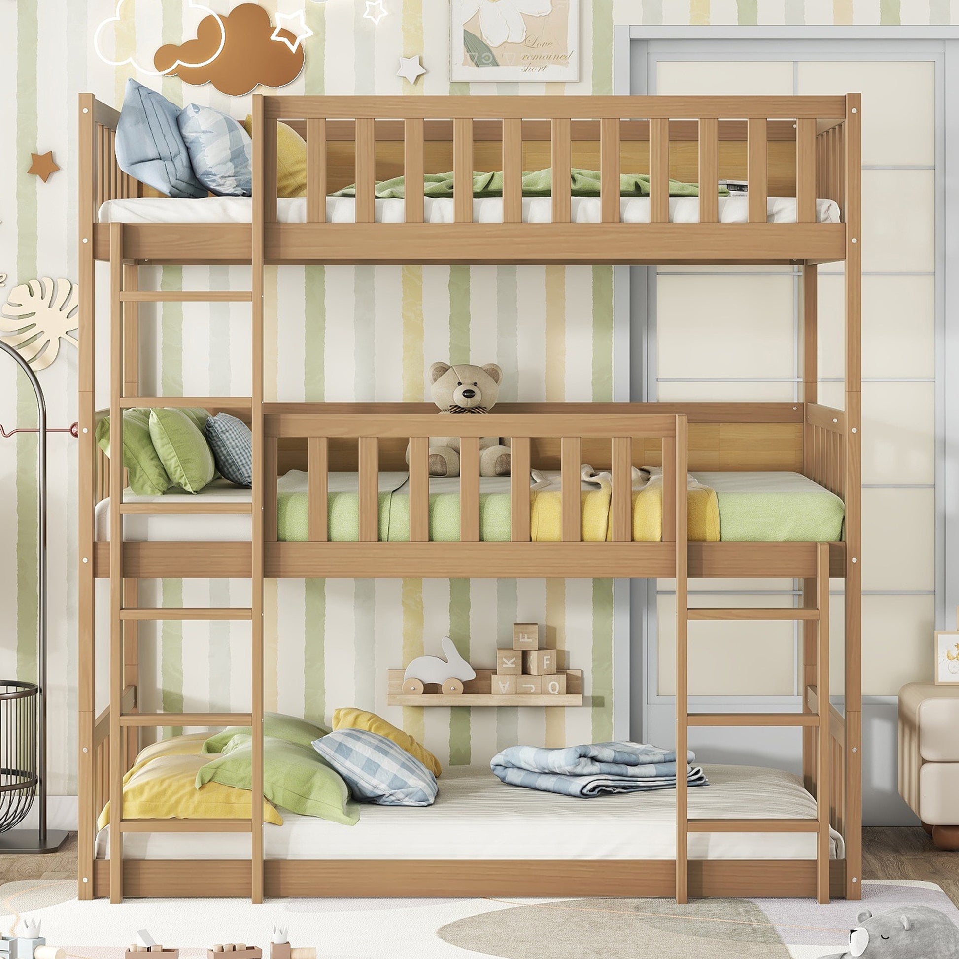 Twin Size Triple Rubber Wood Bunk Bed, with Ladders, Guardrails Detachable Bunk Bed, Twin over Twin over Twin,Natural image 1