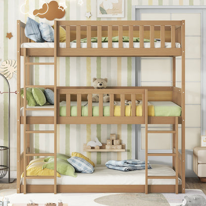 Twin Size Triple Rubber Wood Bunk Bed, with Ladders, Guardrails Detachable Bunk Bed, Twin over Twin over Twin,Natural image 1