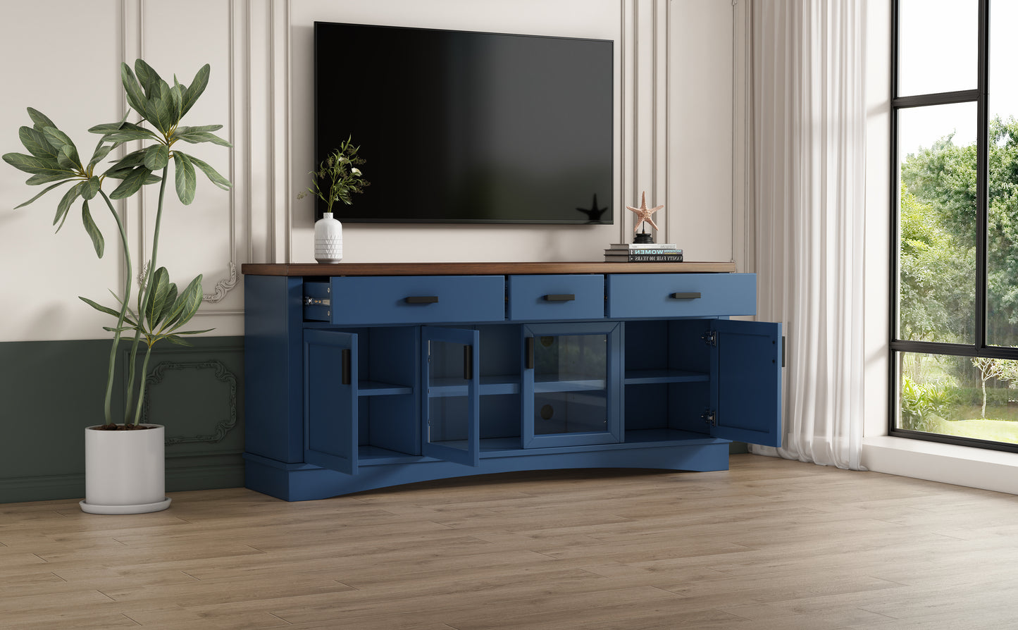 Modern Blue TV Console, 67" Width TV Stand, Glass Doors & Storage Drawers, Adjustable Shelves (Old SKU:N779P296233B) image 4
