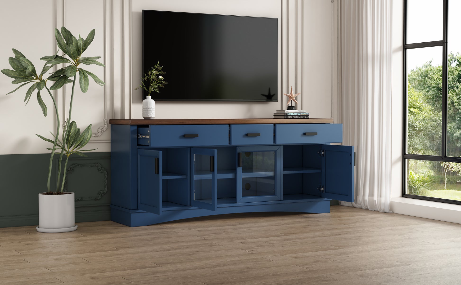 Modern Blue TV Console, 67" Width TV Stand, Glass Doors & Storage Drawers, Adjustable Shelves (Old SKU:N779P296233B) image 4