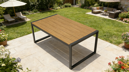 Steel Outdoor Patio Table, All-Weather Patio Tables for Outside with PS Wood-Like Table Top, Modern Rectangle Coffee Table for Porch, Balcony, Deck, Yard, Black image 1