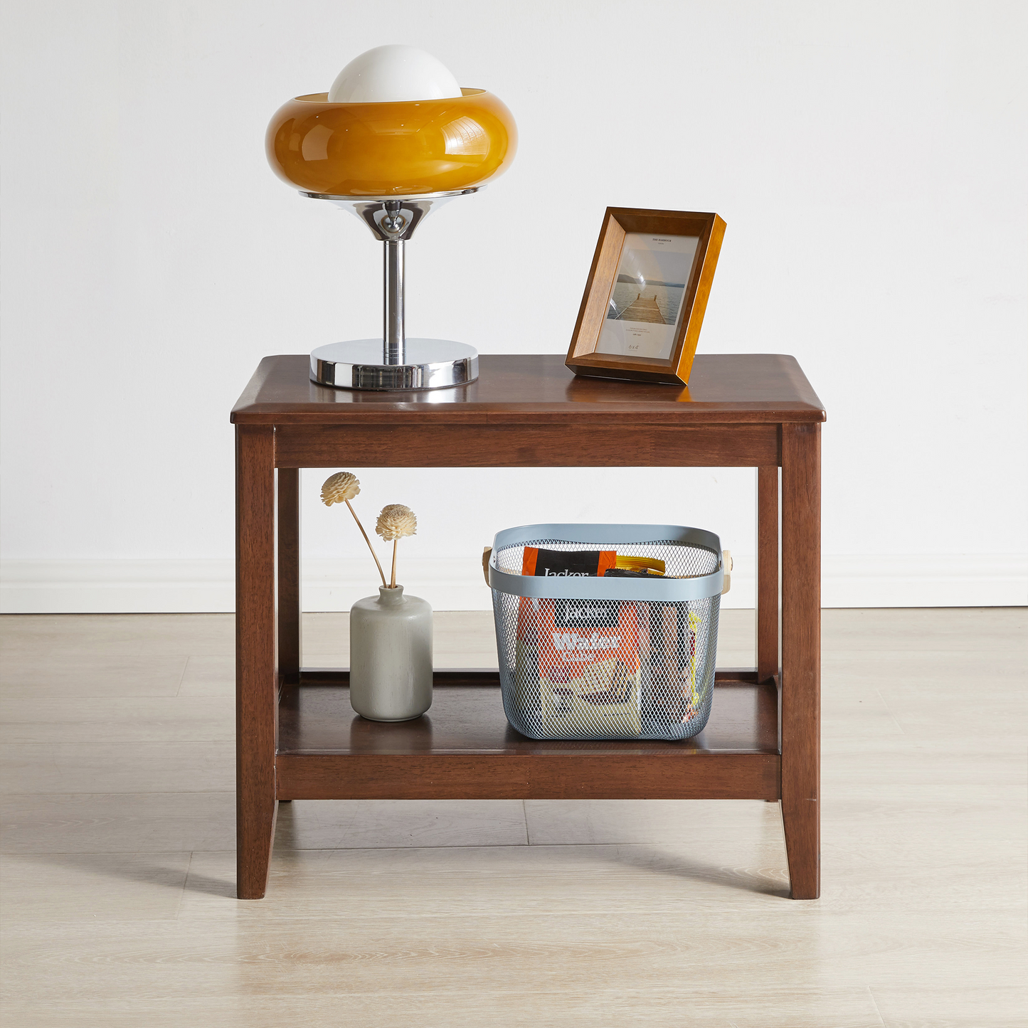100% Solid Wood Rustic Side Table for Living Room,End Table with Storage Shelf 2-Tier Sofa Table for Living Room, Rubber Wood Indoor Plant Stand image 2