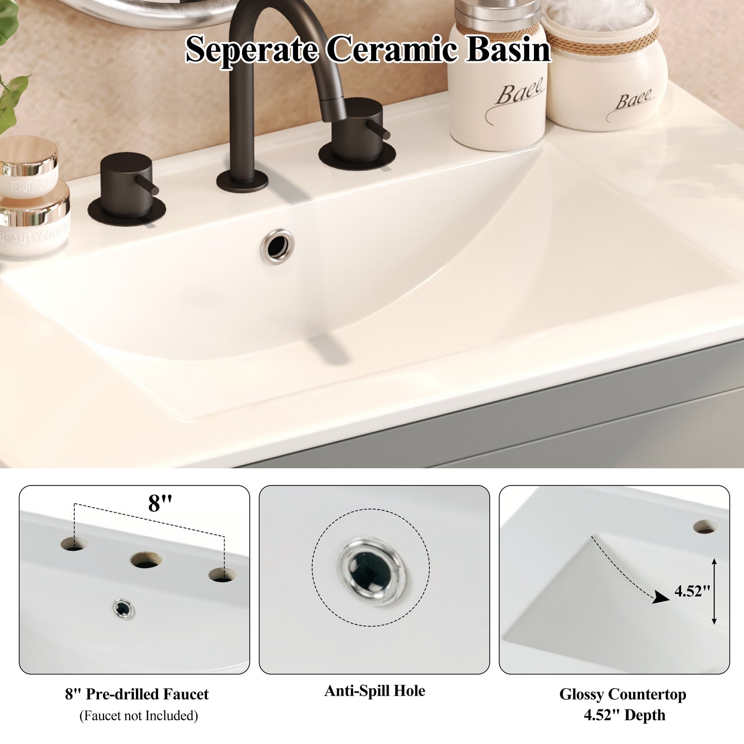 60" Double Sinks Bathroom Vanity Set, Bathroom Cabinet with Two Separate Ceramic Sinks, Full-Extension Drawers & Soft Close Undermount Drawer Slides, Gray image 8